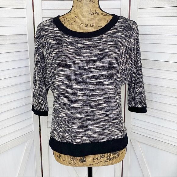 Loft Heathered Loop Knit Half Sleeve Sweater Black Cream XS - Picture 1 of 13
